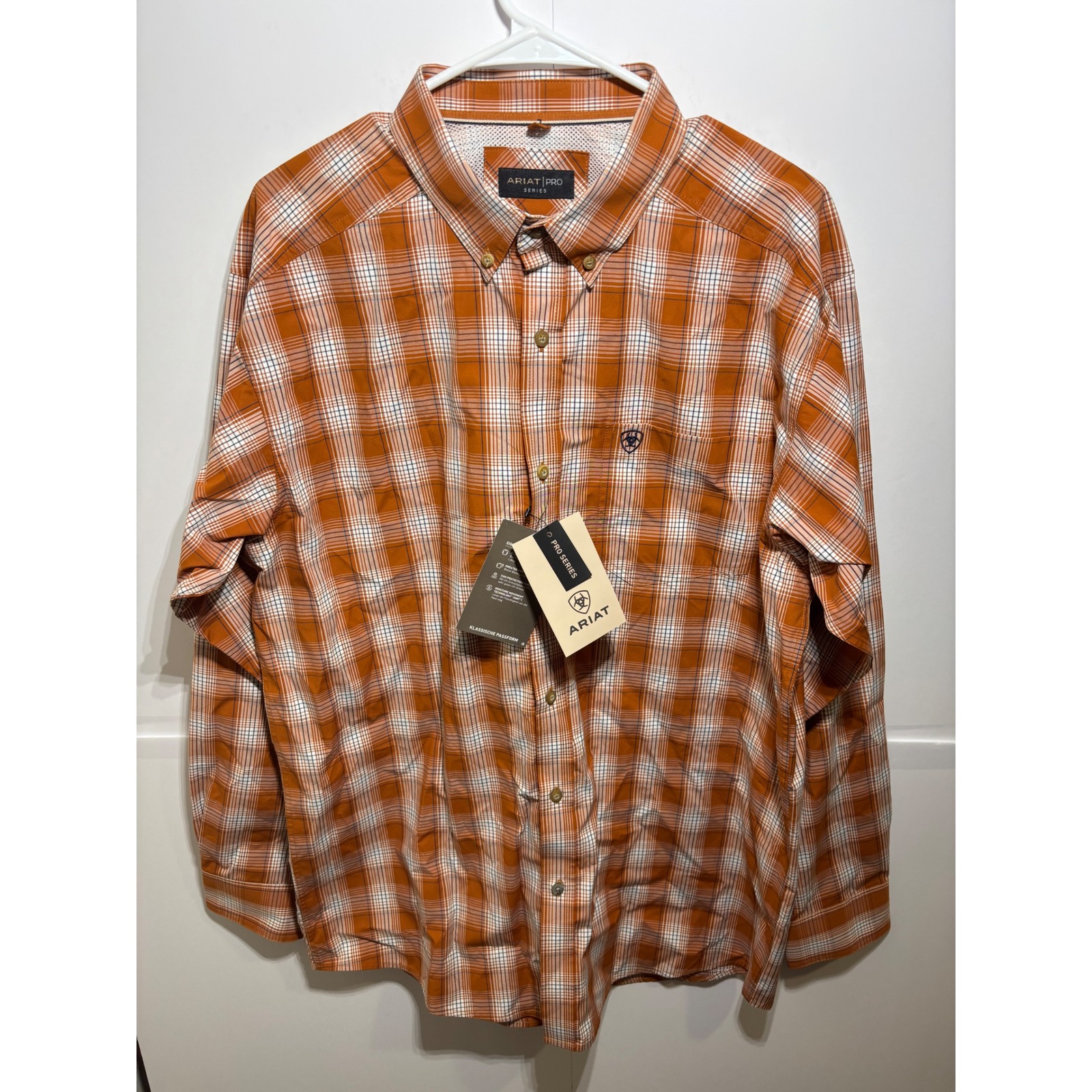 Ariat Pro Series Mens Orange Plaid Long Sleeve Western Button Down Shirt Large